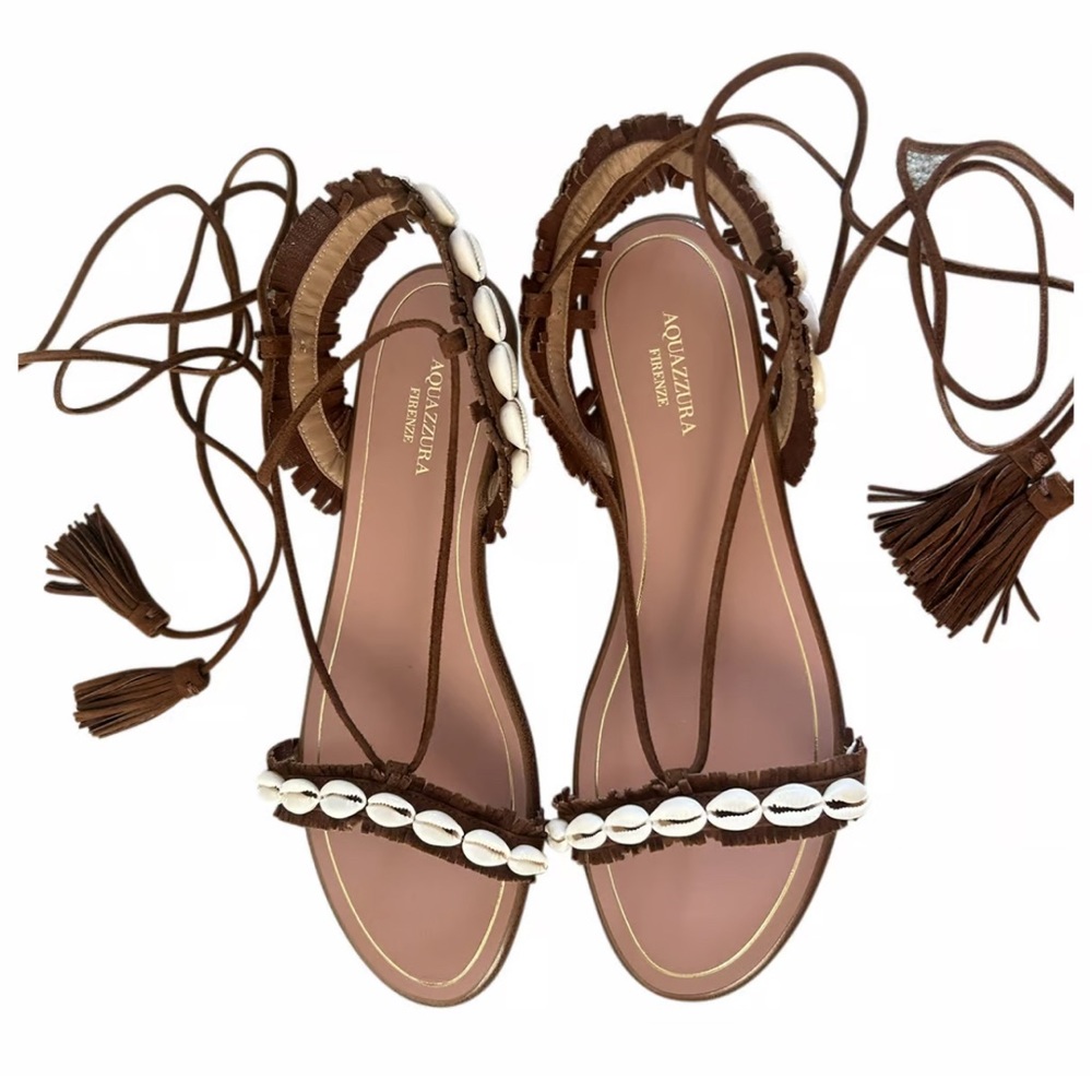 AQUAZZURA Honolulu Suede And Shell Sandals 7.5 - Brown